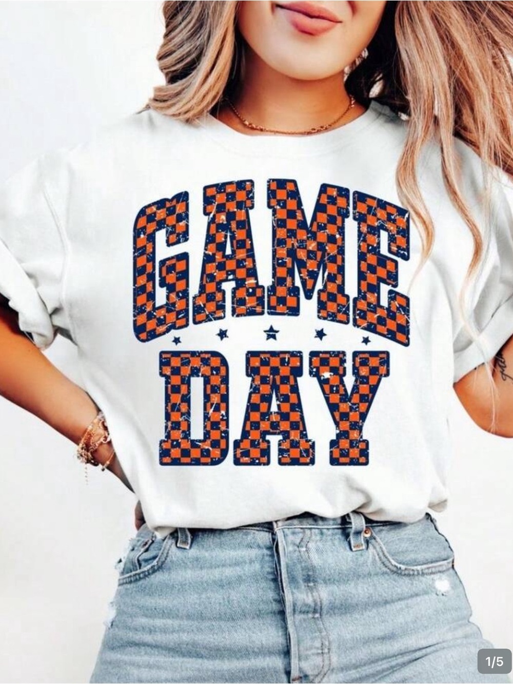 White GAME DAY Short Sleeve Tee with Orange & Navy Checker Print